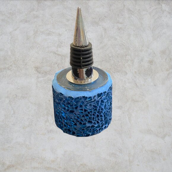 WINE STOPPER -- Unique Tea Light Holder, Blue Mosaic Glass, Fits Standard Bottle - Picture 3 of 8